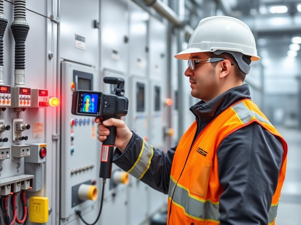 Engenheiro realizando inspeção termográfica em painel elétrico